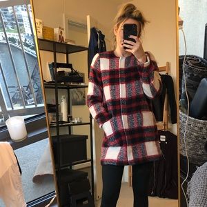 Abercrombie & Fitch Red, White & Black Plaid Cozy Tunic Coat